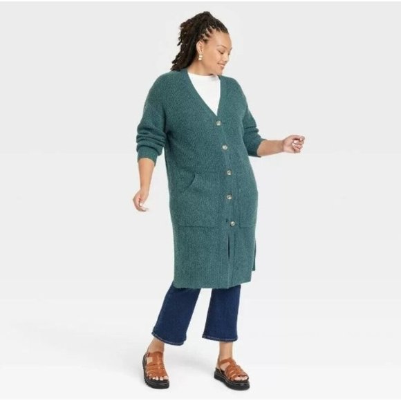 Ava & Viv Sweaters - Ava & Viv Women's Sizes Duster Cardigan Green Button Down Below Knee Length